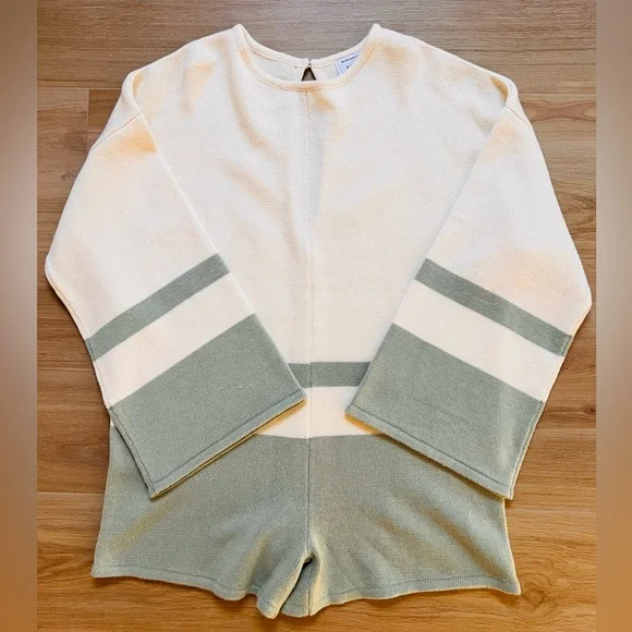 SABO Australia Knit Playsuit Romper Medium Cream Sage Striped Bell Sleeve Lounge - Picture 2 of 8